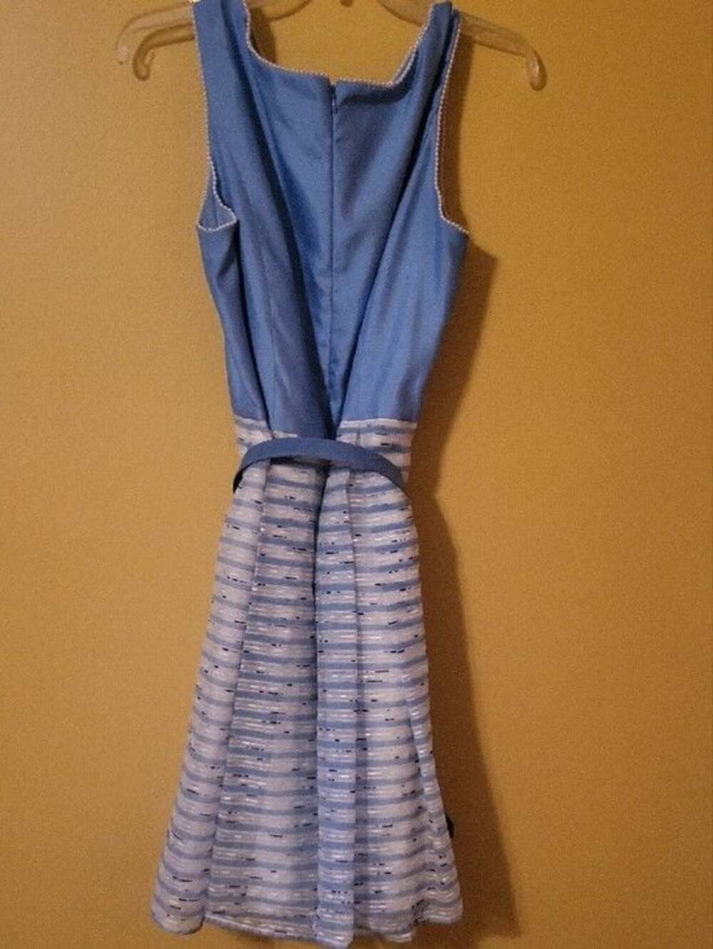 Leslie Fay Light Blue Sleeveless Midi Dress with Striped Skirt - Picture 6 of 6